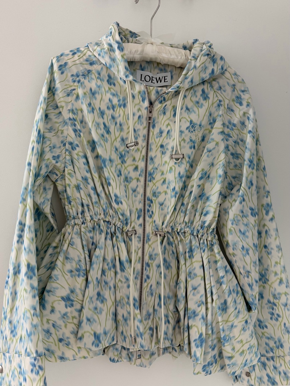 Loewe Floral Print Taffeta Hooded Jacket White Blue Size 34 XS NWT